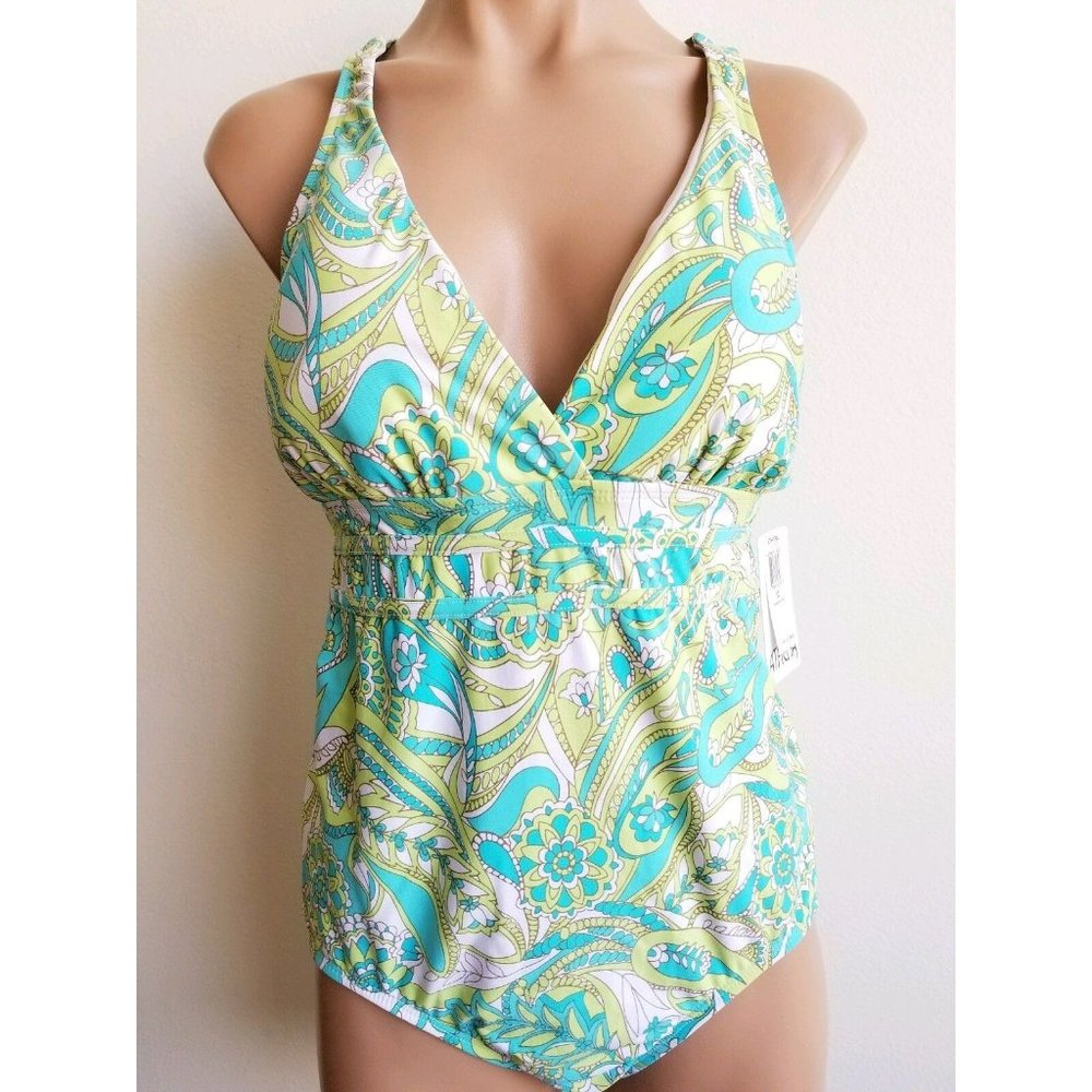 Athena Womens One Piece Swimsuit Padded Bra V-Neck Cross Back Paisley Size 12